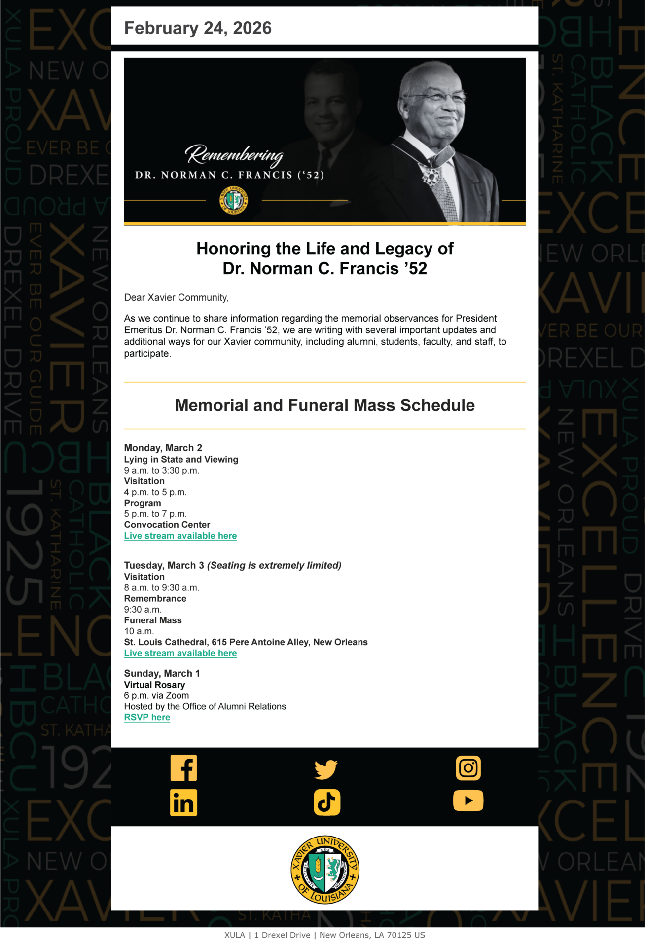 Xavier University in Louisiana has shared the funeral schedule for Dr ...