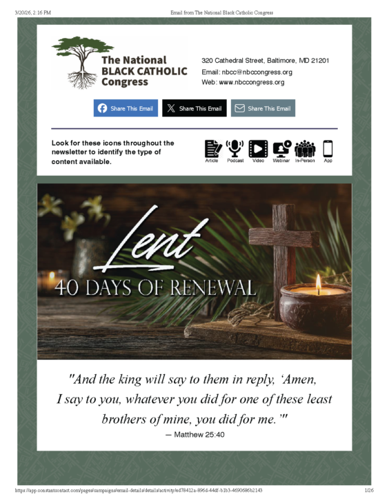 NBCC March 2026 Newsletter - National Black Catholic Congress Website